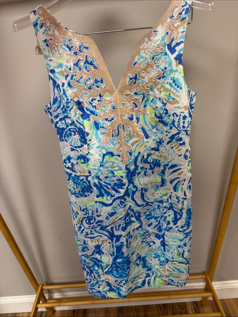 Lilly Pulitzer Blue Aqua Floral-Print Midi Dress with Gold Embellished V-Neck